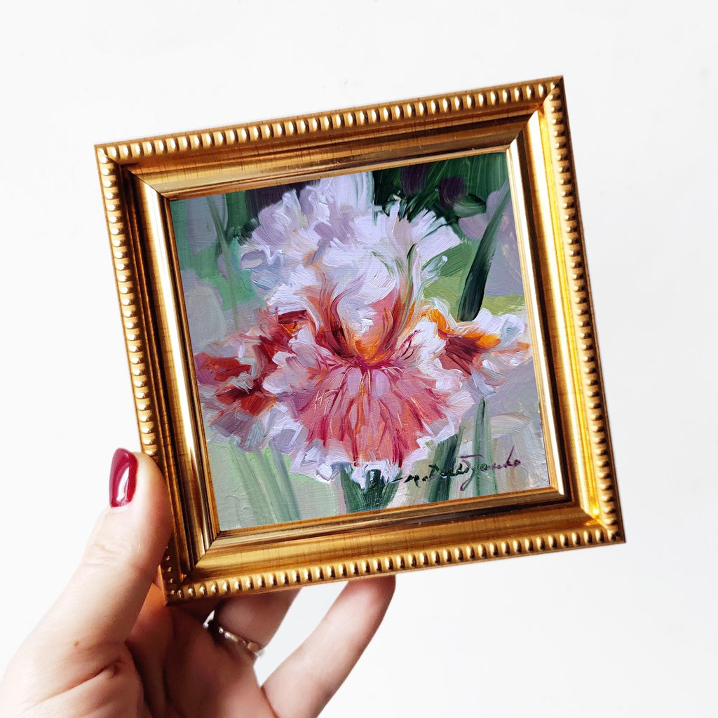 Iris flower paintings miniature original 4x4, Birthday gift for Mom, Floral arrangement unique redblooming Small framed flower art decor