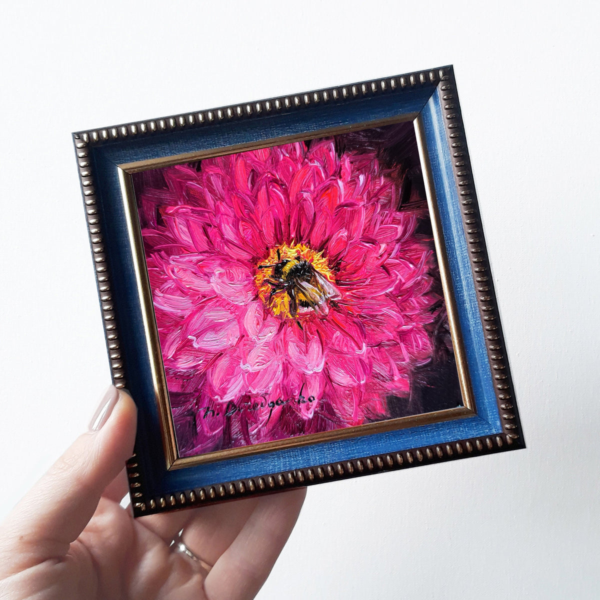 Bee on Dahlia flower Oil Painting Original 4x4 inch
