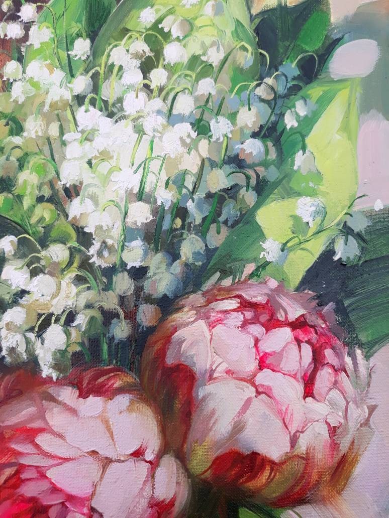 Peony flowers oil painting original on canvas Lily of the valley art, Pink floral wall art godmother gift