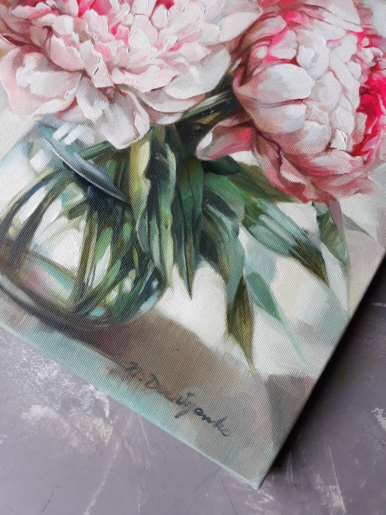 Peony oil painting arte originale su tela, pittura a olio di fiori di due peonie, regalo di San Valentino per coppia, fiori wall art