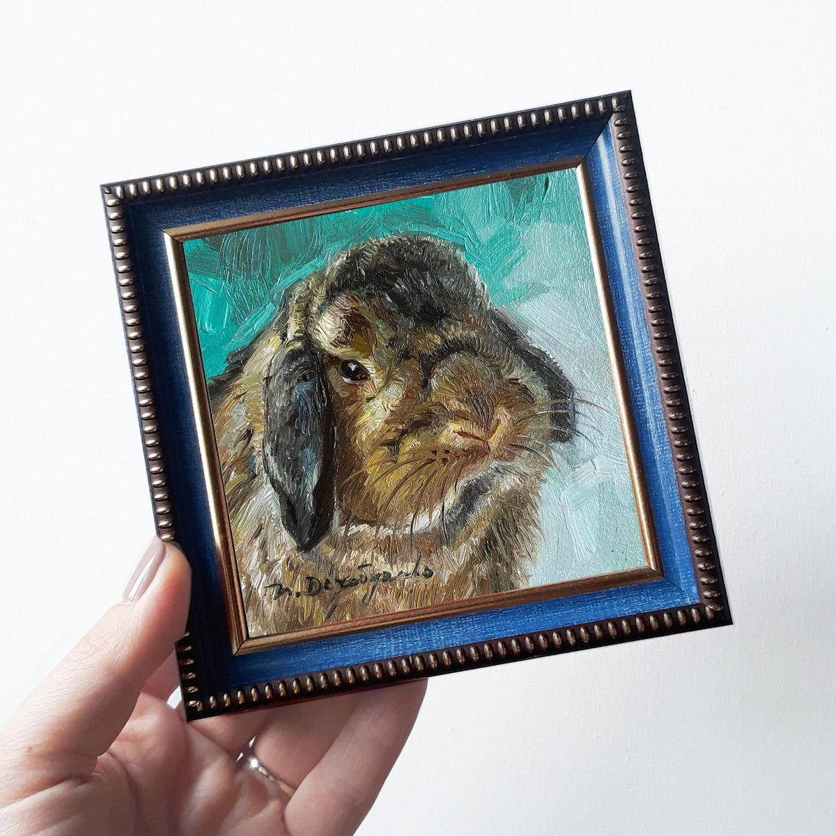 Custom pet portrait painting 4x4 in frame, Small pet oil painting original framed artwork, Rabbit pet portrait oil art mini gift