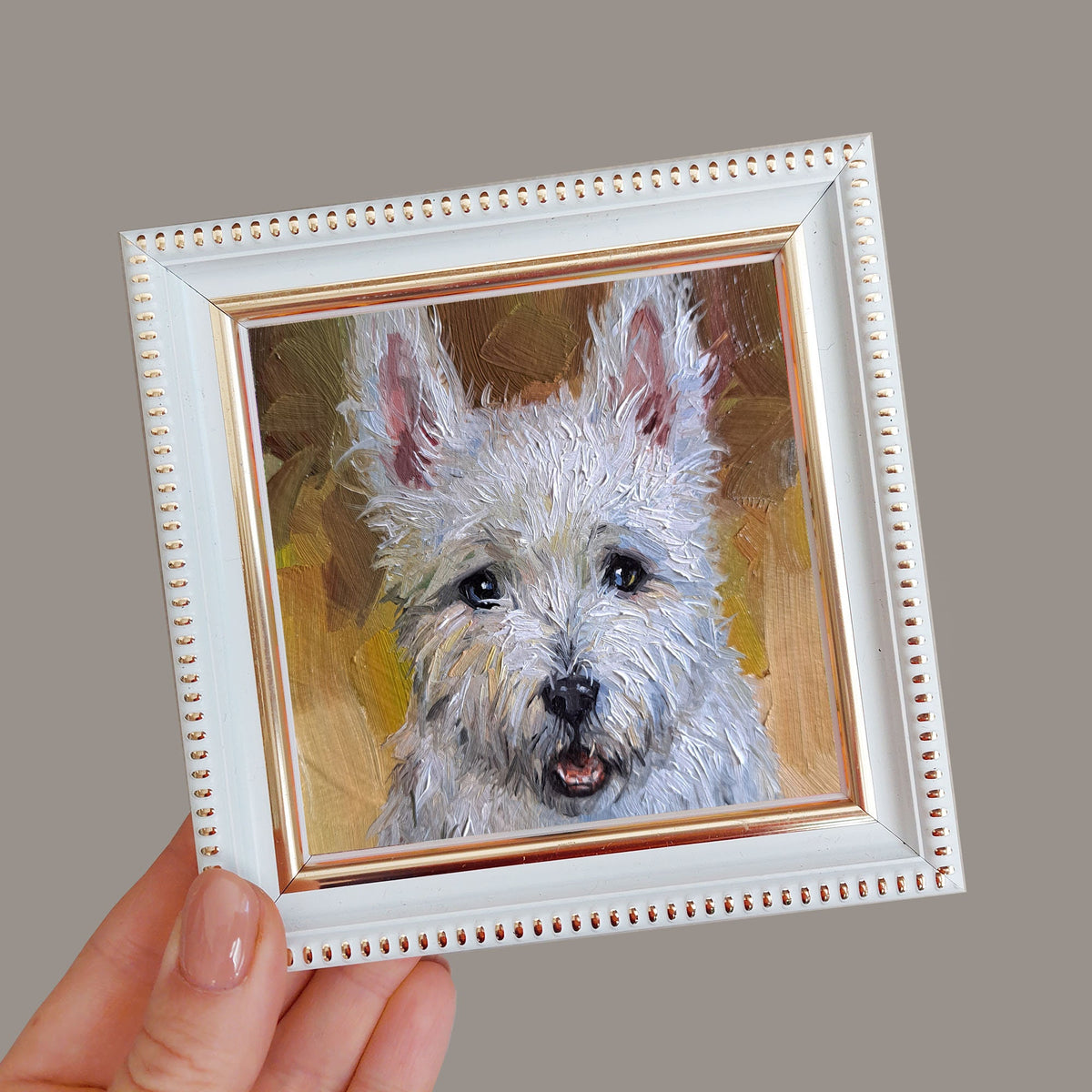 Small dog oil painting original artwork, Custom Pet portrait oil art mini gift White Terrier painting from photo 4x4 in frame