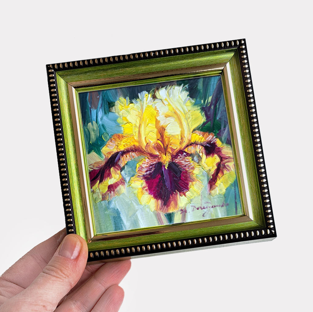 Iris yellow flower oil paintings original 4x4, Birthflower gift miniature Unique purple Small framed flower art newlywed gift decor