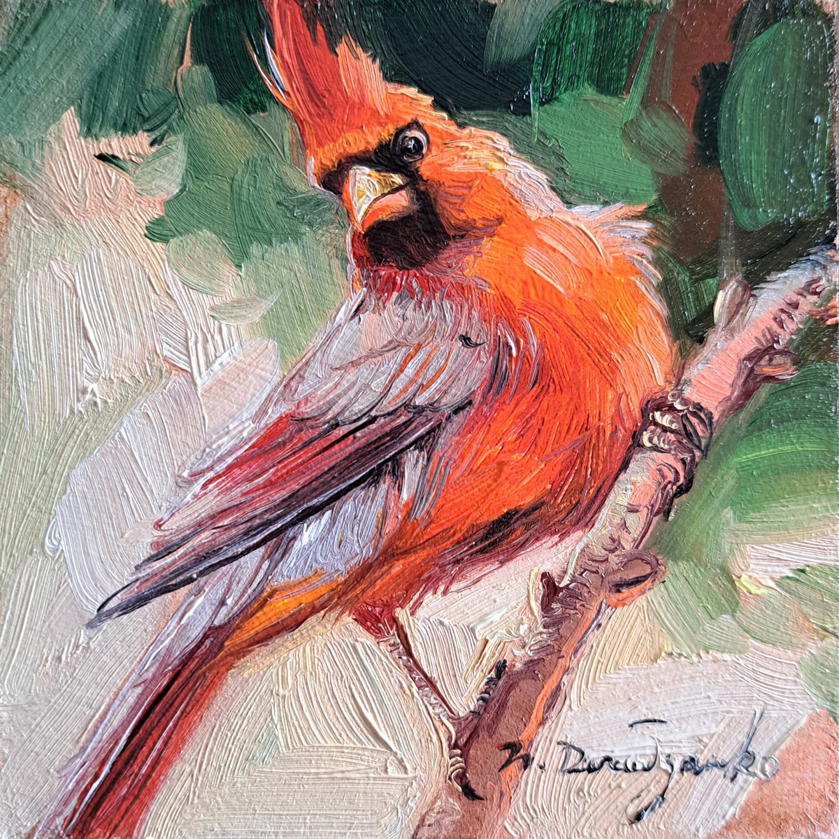 Cardinal red bird oil painting original 4x4 framed artwork