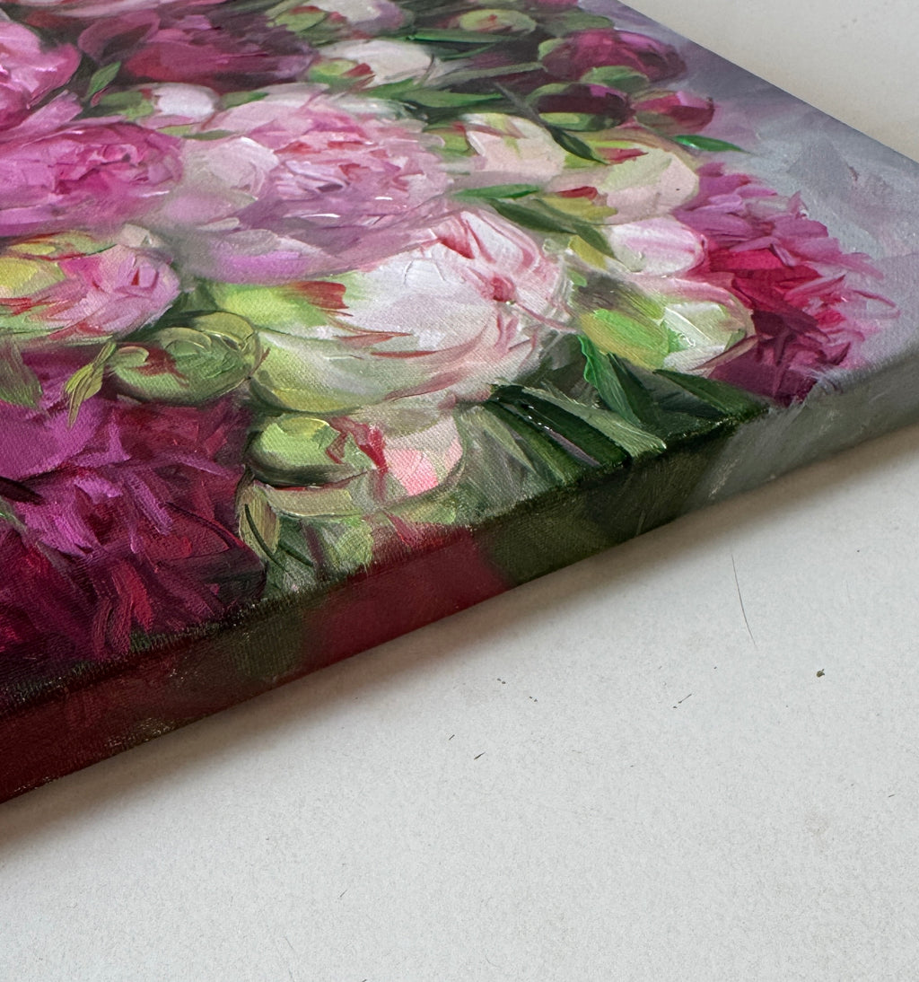 Peony Oil Painting Original, Small Floral Canvas Artwork 12x12 inch