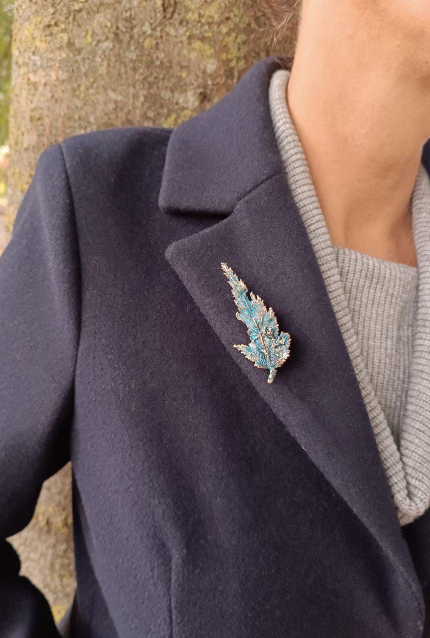 Brooch made from natural sheet of wood in copper - a unique boho-style accessory, Blue patina cooper jewelry handmade