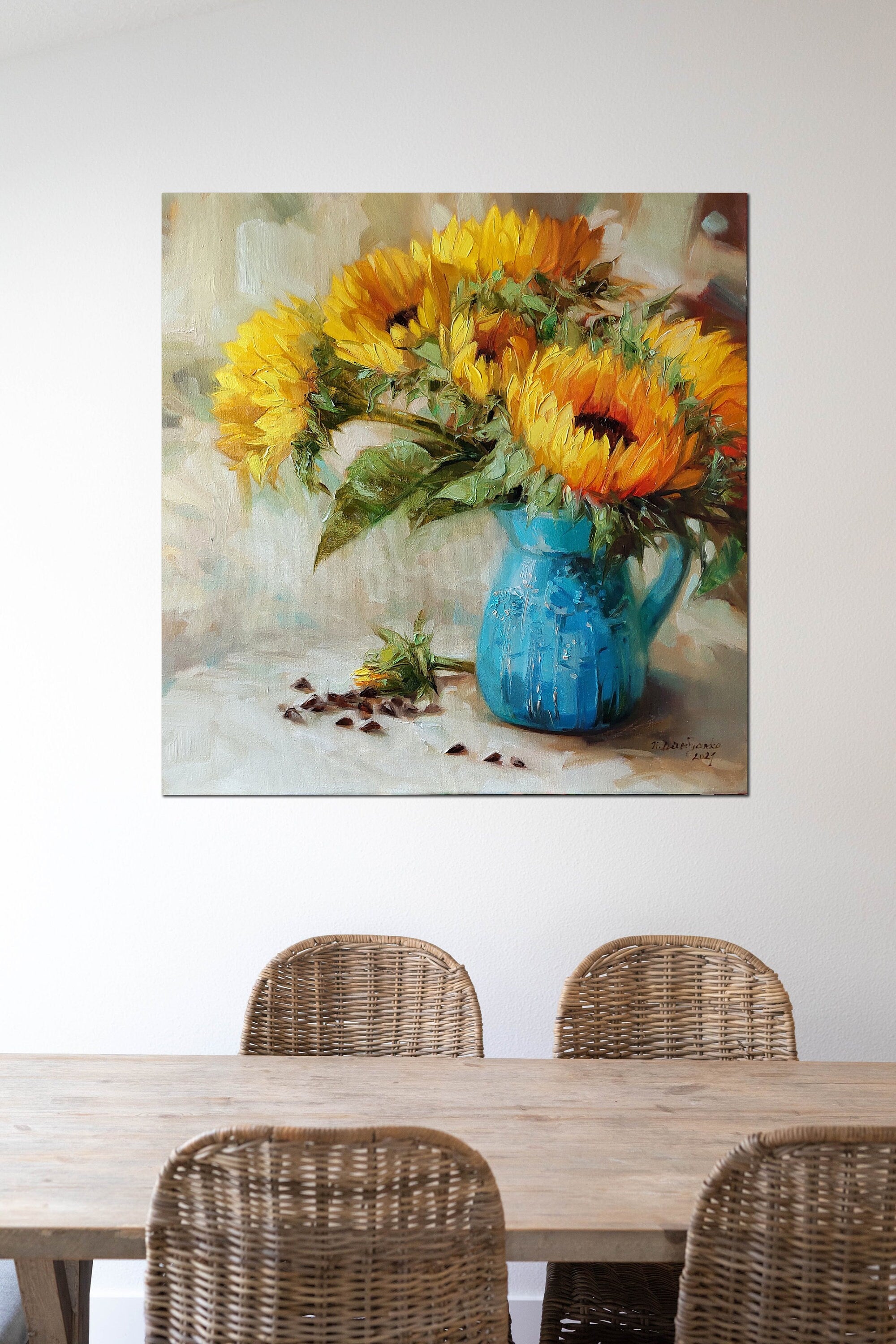Large floral paintings on canvas original, Sunflowers in turquoise vase oil painting, Yellow flowers wall art decor Easter gift