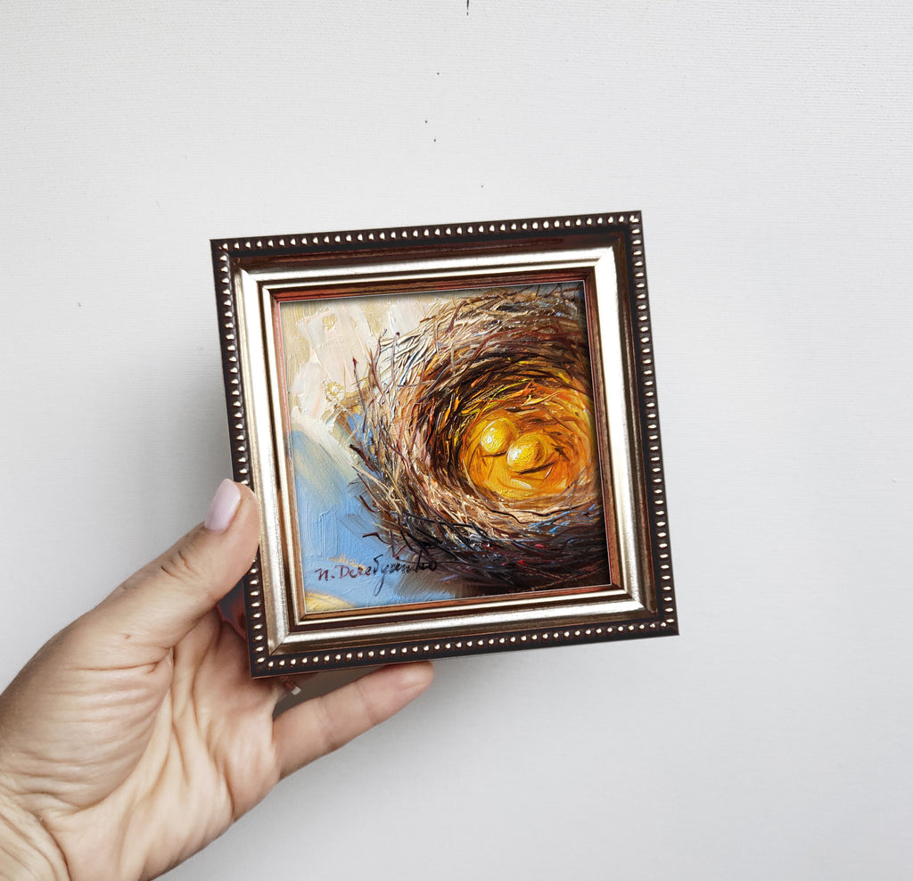 Nest bird oi painting original 4x4 in frame, Two gold egg miniature painting wall art framed, Small painting Valentines day gift