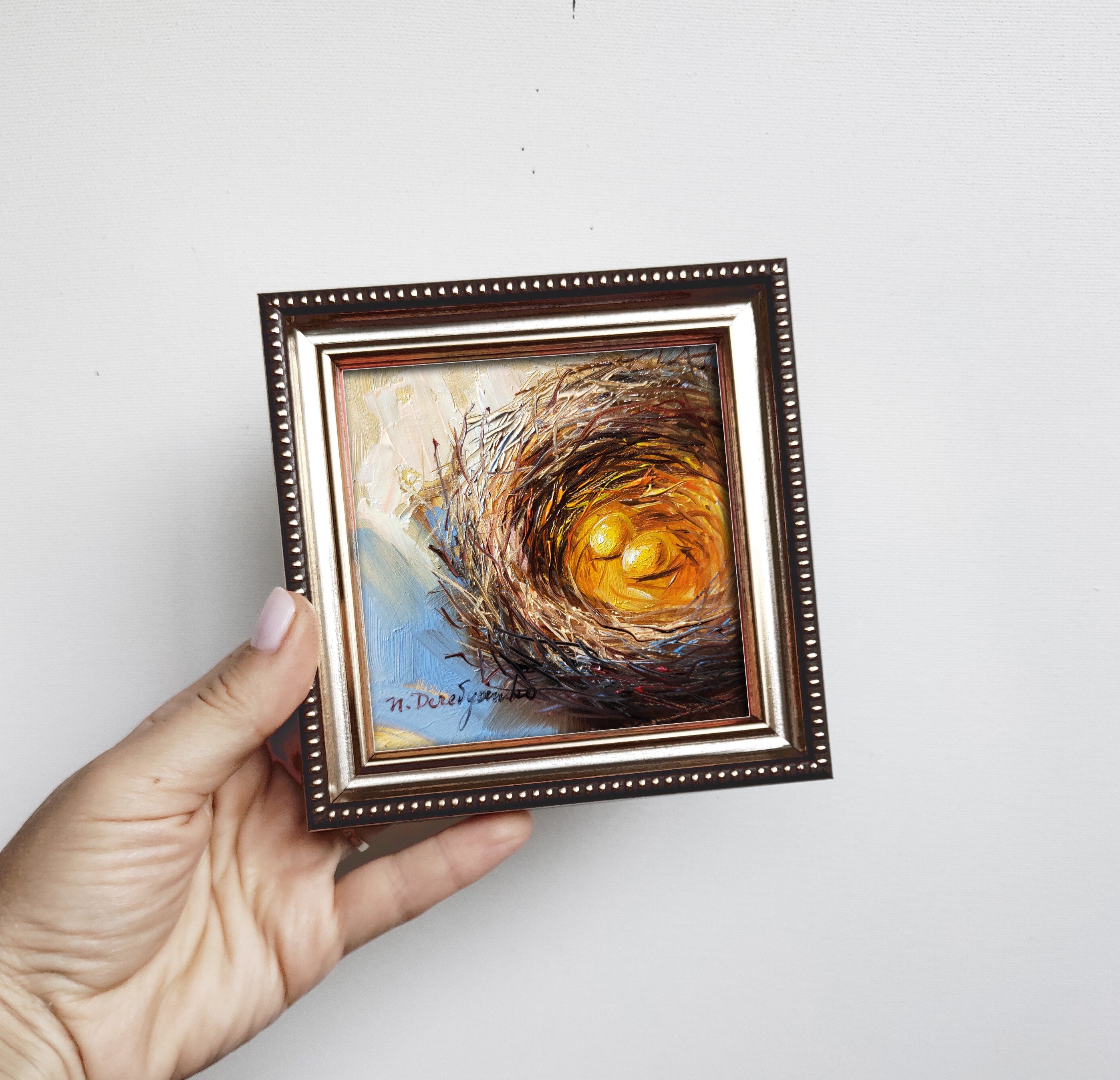 Nest bird oi painting original 4x4 in frame, Two gold egg miniature painting wall art framed, Small painting Valentines day gift