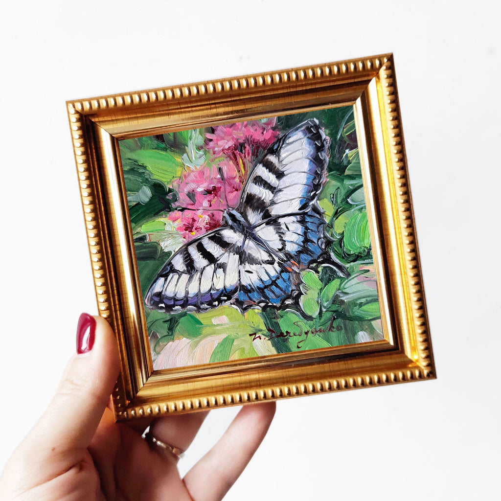 Butterfly painting original oil art framed miniature, Giant Swallowtail butterfly painting small gift for woman