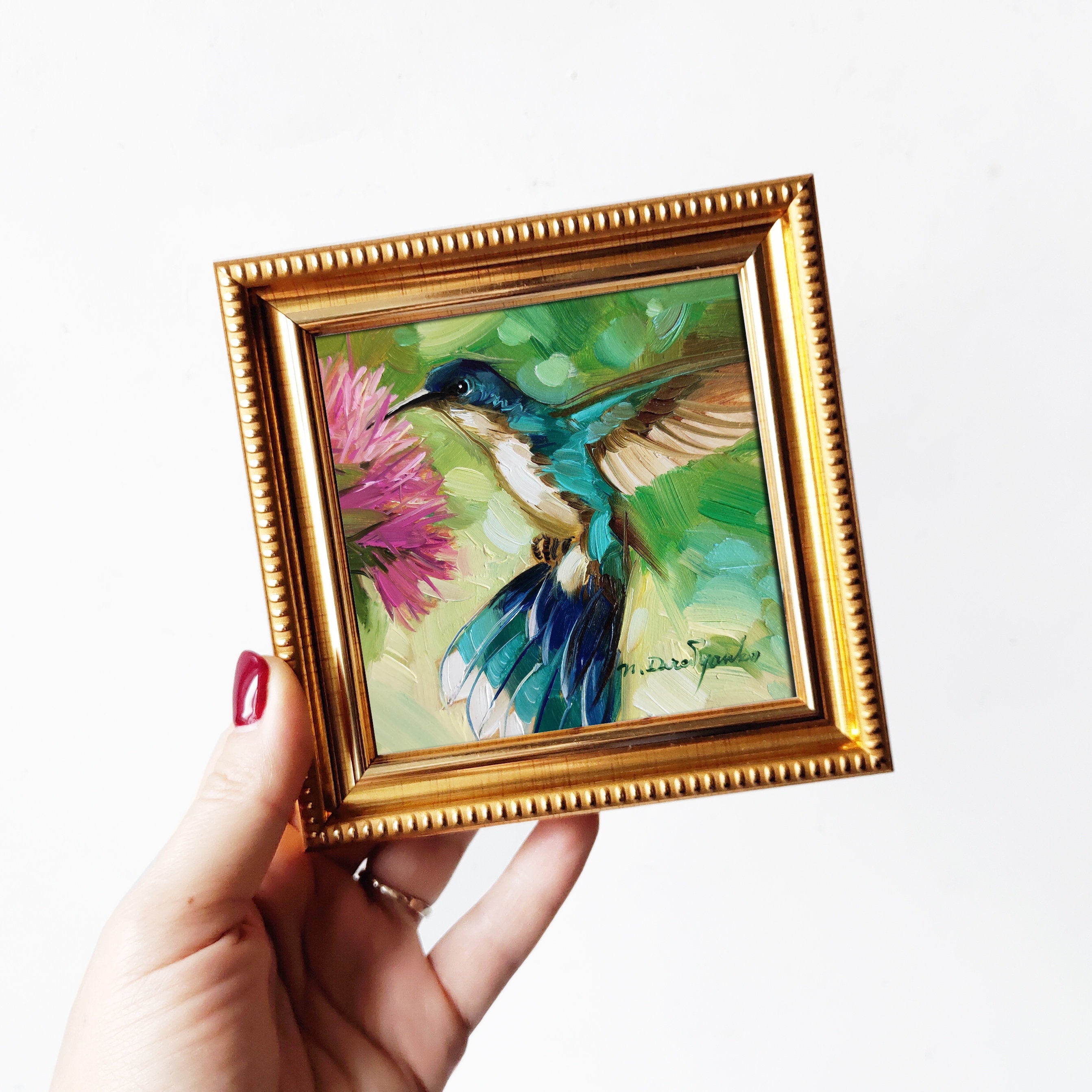 Hummingbird painting original oil art 4x4 in blue frame, Bird oil painting framed green wall art, Mothers day gift from daughter