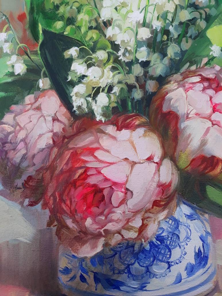 Peony flowers oil painting original on canvas Lily of the valley art, Pink floral wall art godmother gift
