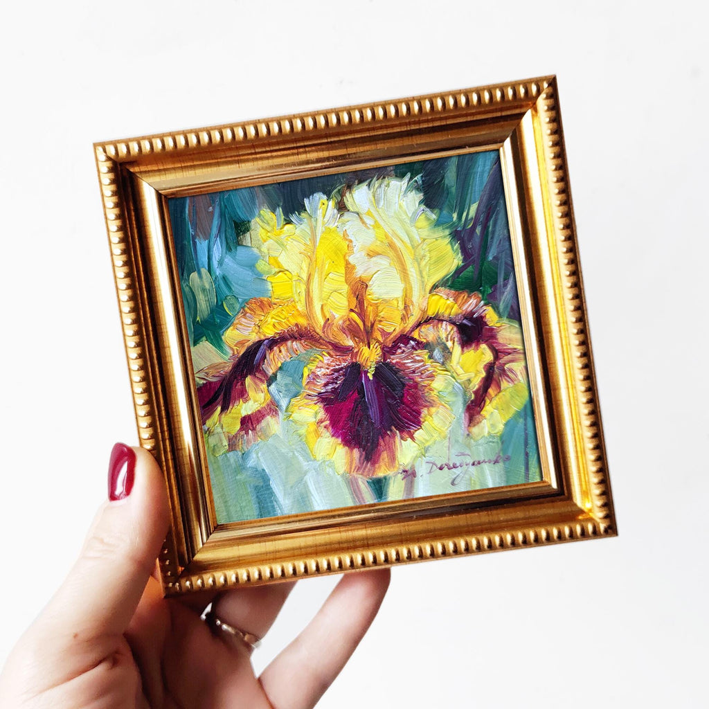 Iris yellow flower oil paintings original 4x4, Birthflower gift miniature Unique purple Small framed flower art newlywed gift decor