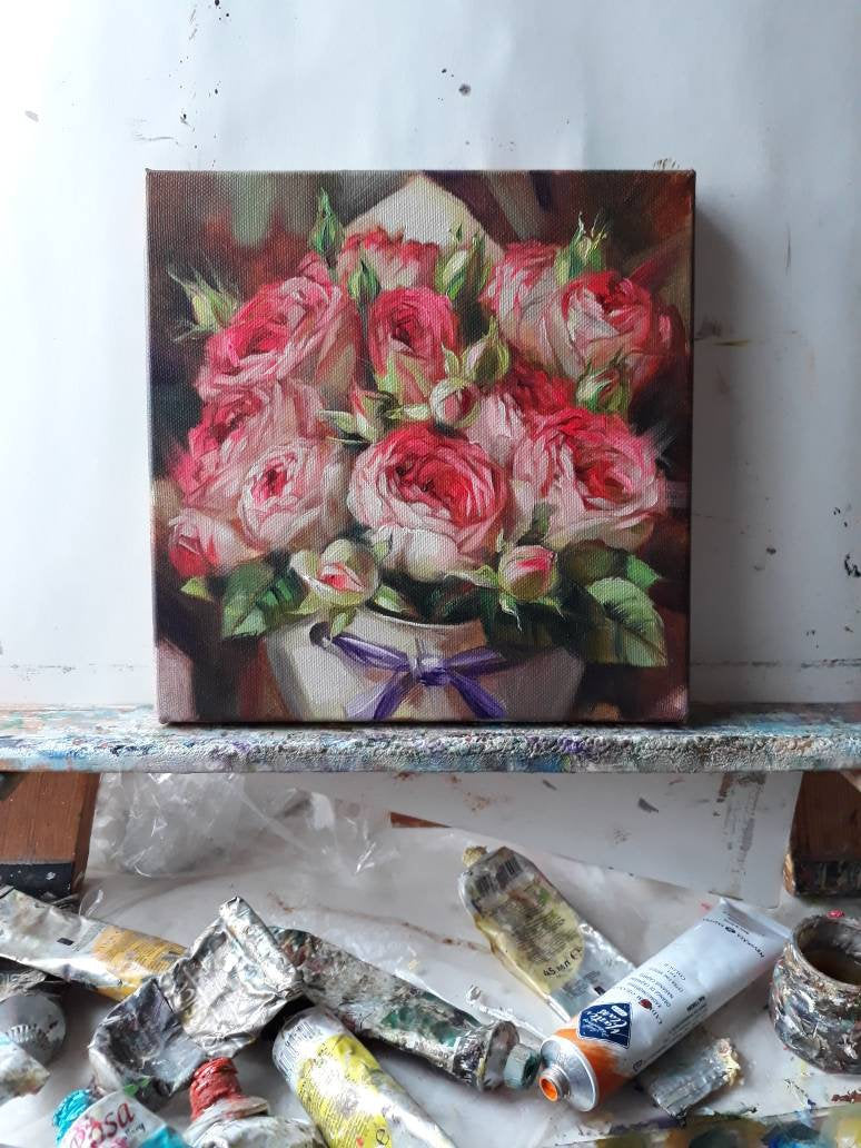 Roses painting flowers original art, Red flowers bouquet oil painting for girlfriend floral art on canvas