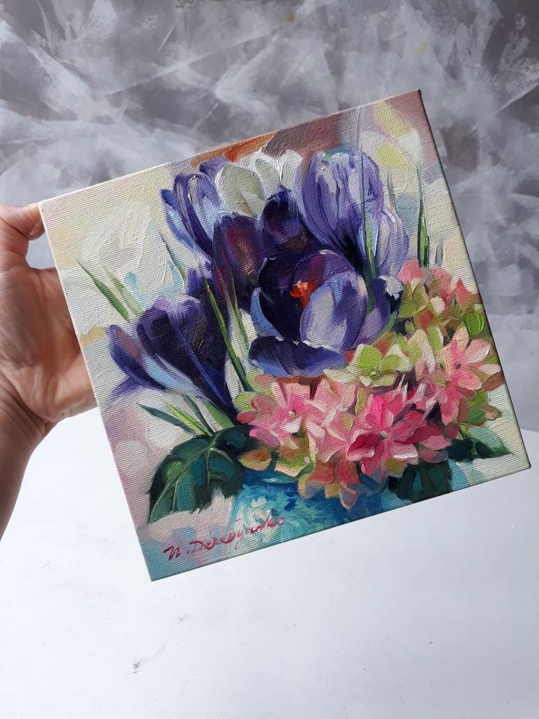 Purple flower painting original oil art, Floral oil painting vintage Hydrangea art Crocus, Impressionist paintings on canvas