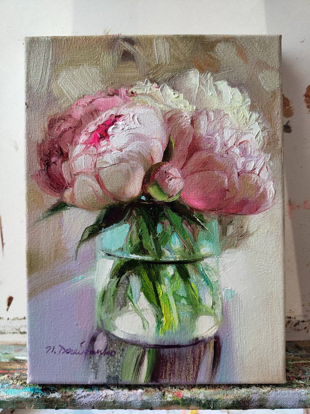 Peony oil painting original on canvas stretched