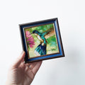 Hummingbird painting original oil art 4x4 in blue frame, Bird oil painting framed green wall art, Mothers day gift from daughter