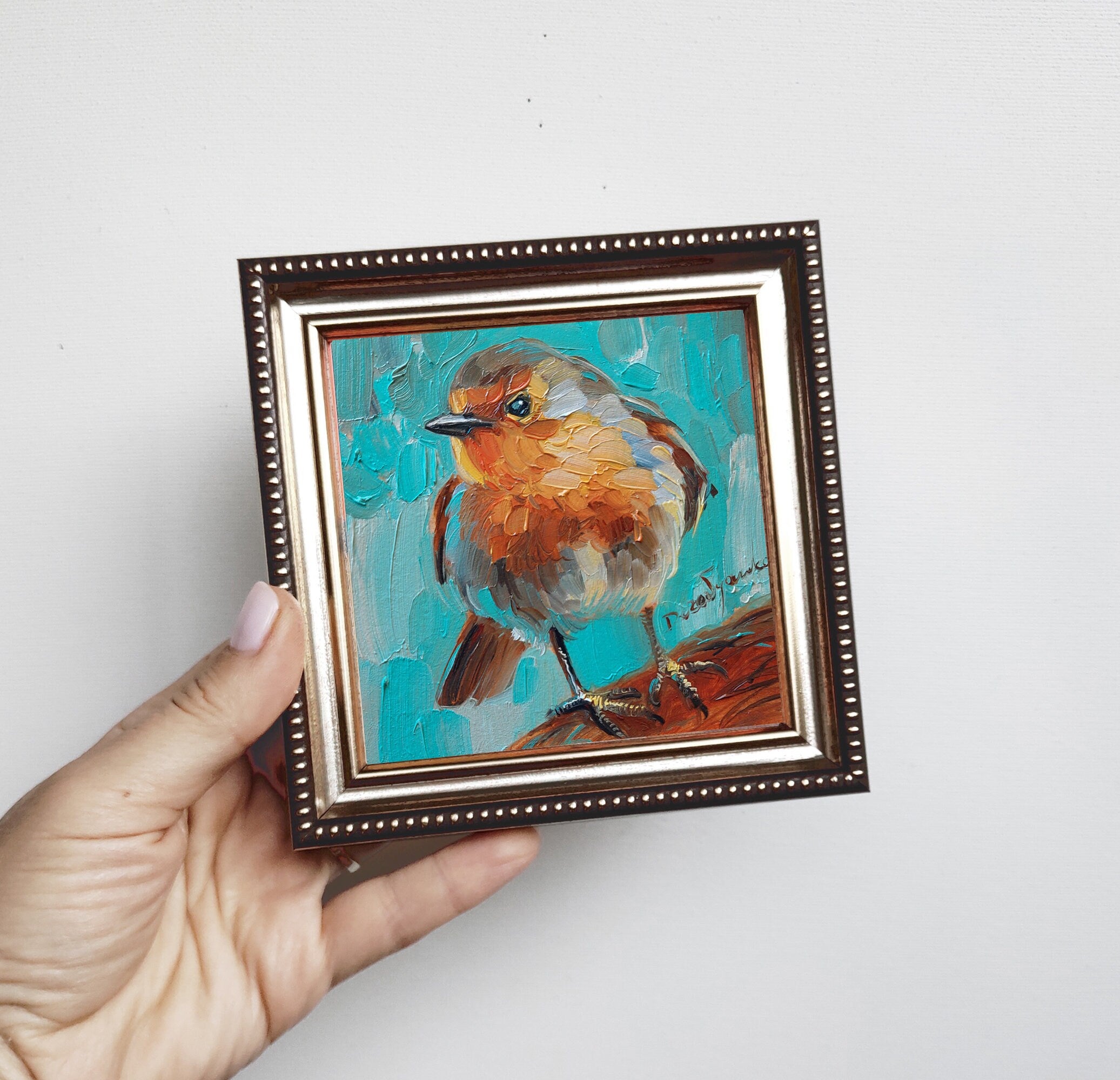 Uccello dipinto originale, pittura d'arte uccello Robin, pittura in miniatura 4x4, regalo per papà, regalo per la festa della mamma
