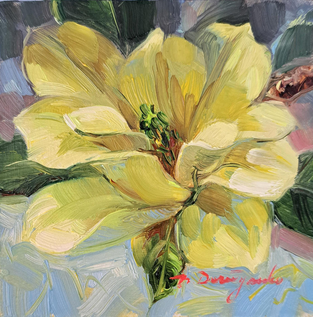Small oil painting original framed yellow magnolia 4x4 inch