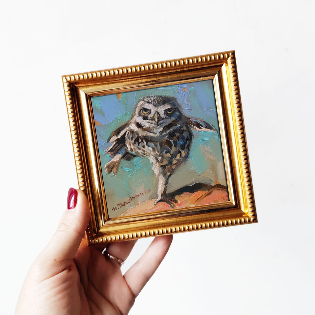 Owl bird painting original in frame Small artwork framed, Bird wall art framed artwork teacher appreciation gift