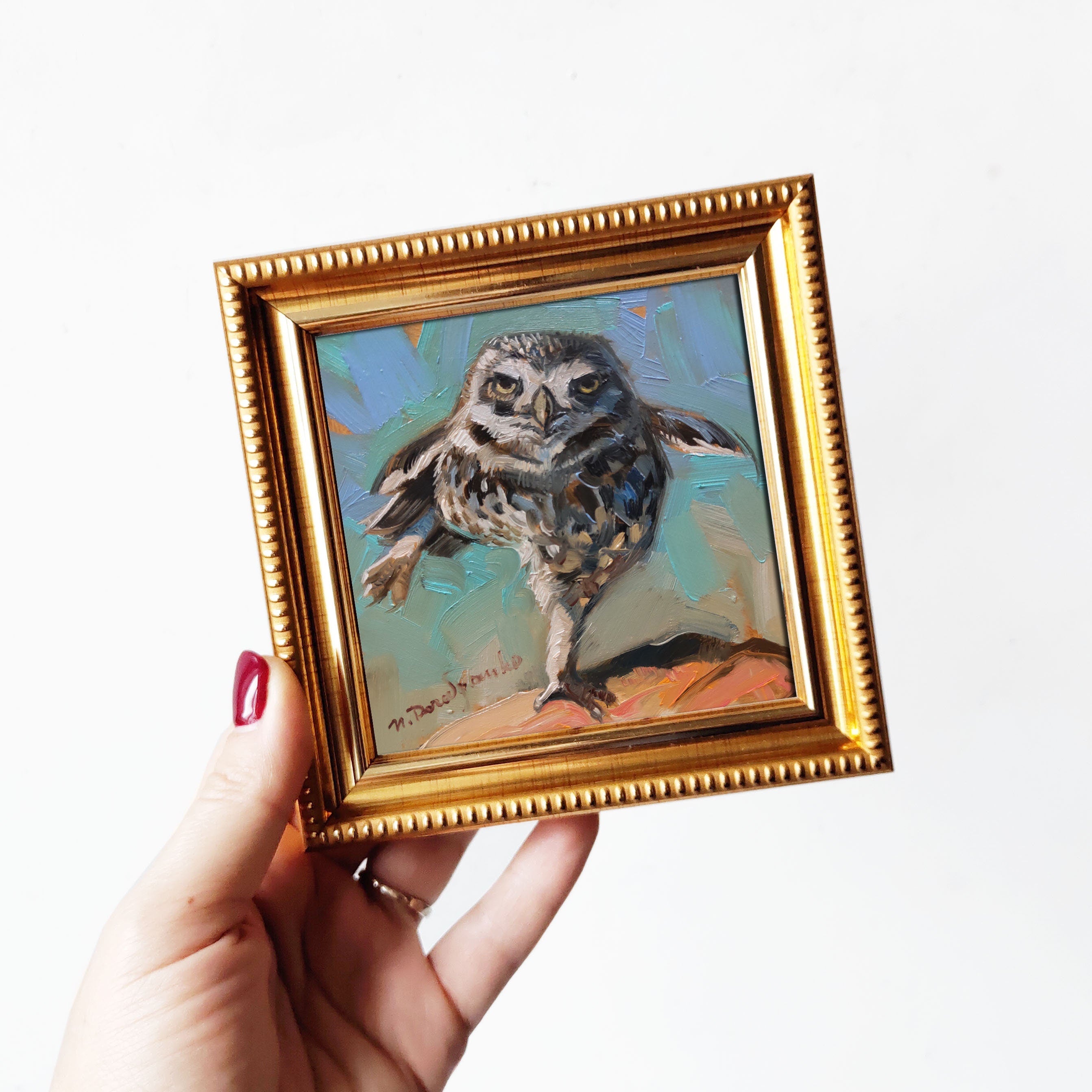 Owl bird painting original in frame Small artwork framed, Bird wall art framed artwork teacher appreciation gift