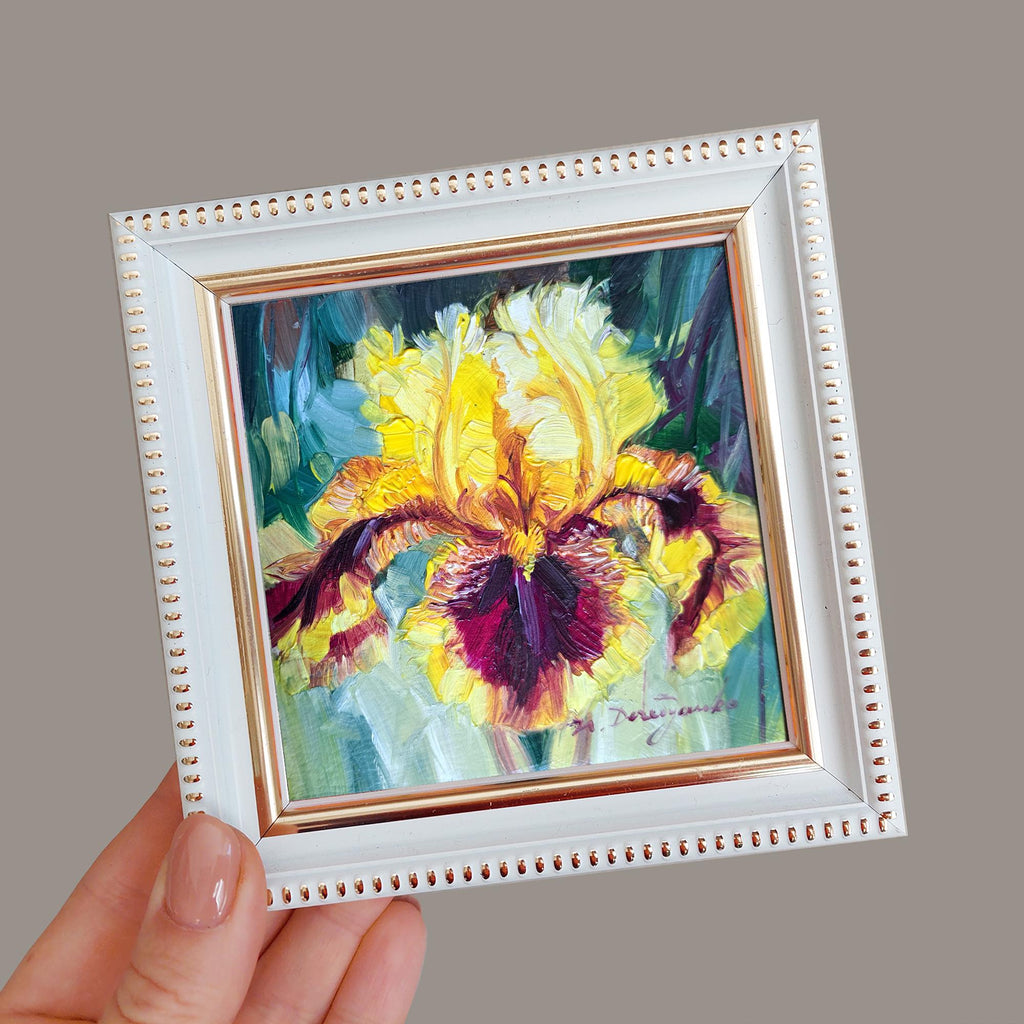 Iris yellow flower oil paintings original 4x4, Birthflower gift miniature Unique purple Small framed flower art newlywed gift decor