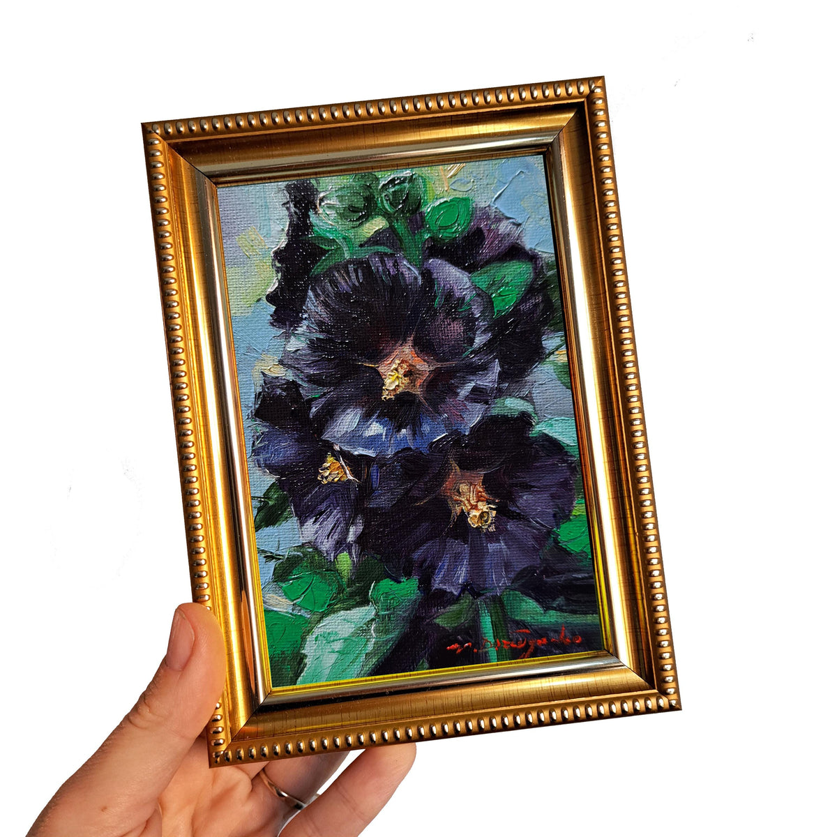 Black Hollyhock flowers oil paintings miniature original 4x6 inch