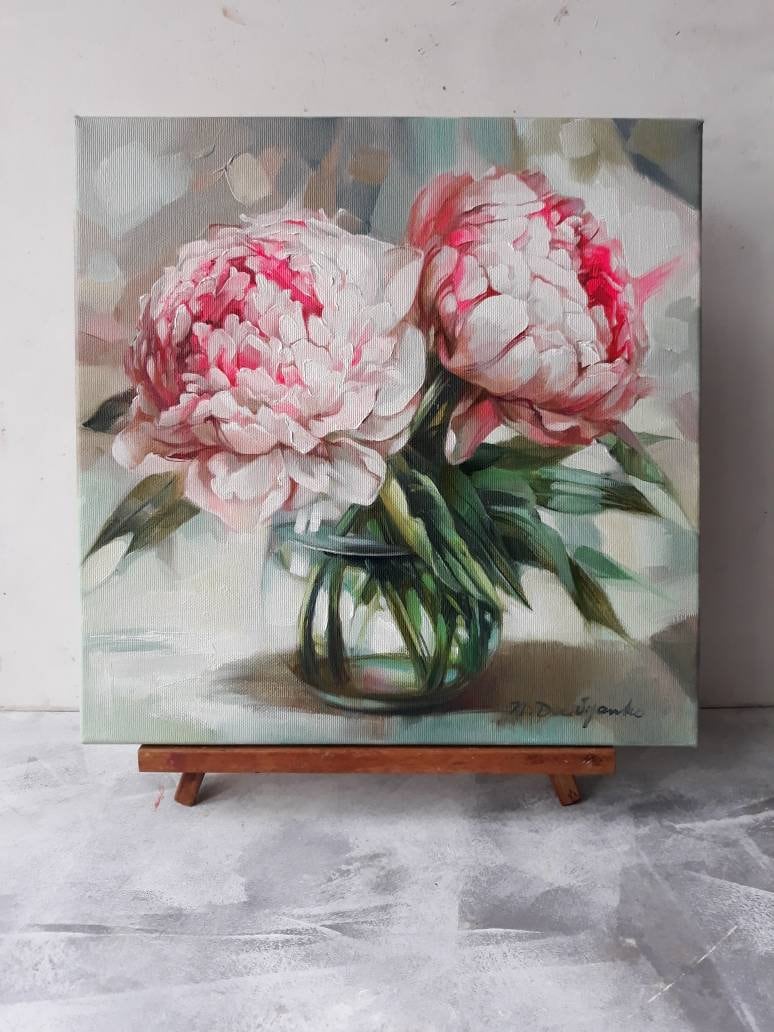 Peony oil painting arte originale su tela, pittura a olio di fiori di due peonie, regalo di San Valentino per coppia, fiori wall art