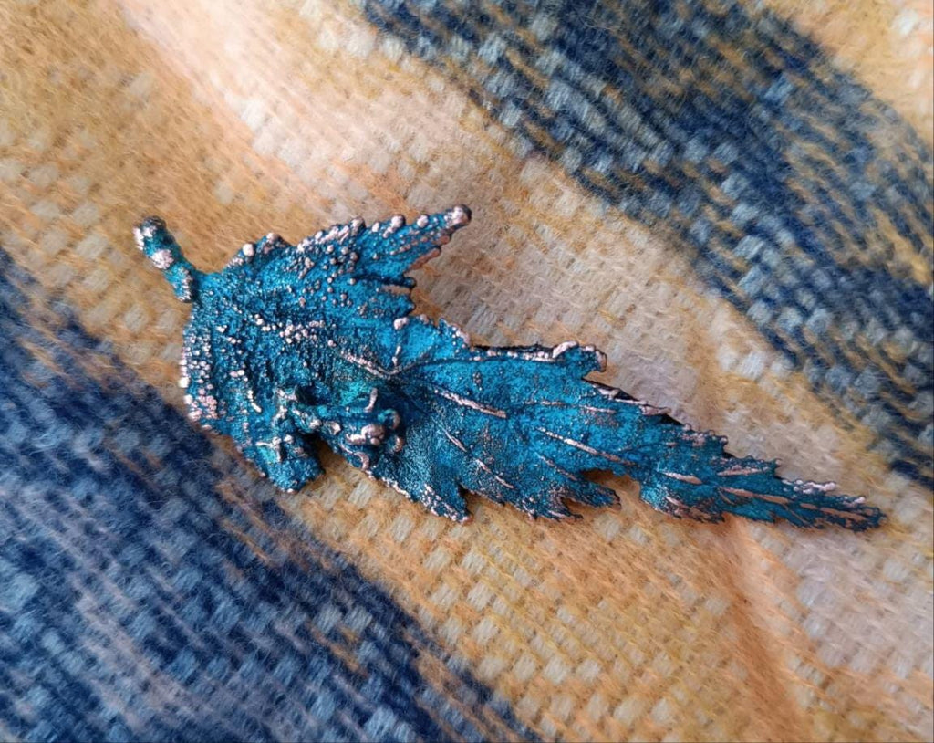 Brooch made from natural sheet of wood in copper - a unique boho-style accessory, Blue patina cooper jewelry handmade