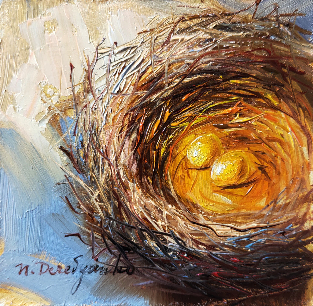 Nest bird oi painting original 4x4 in frame, Two gold egg miniature painting wall art framed, Small painting Valentines day gift