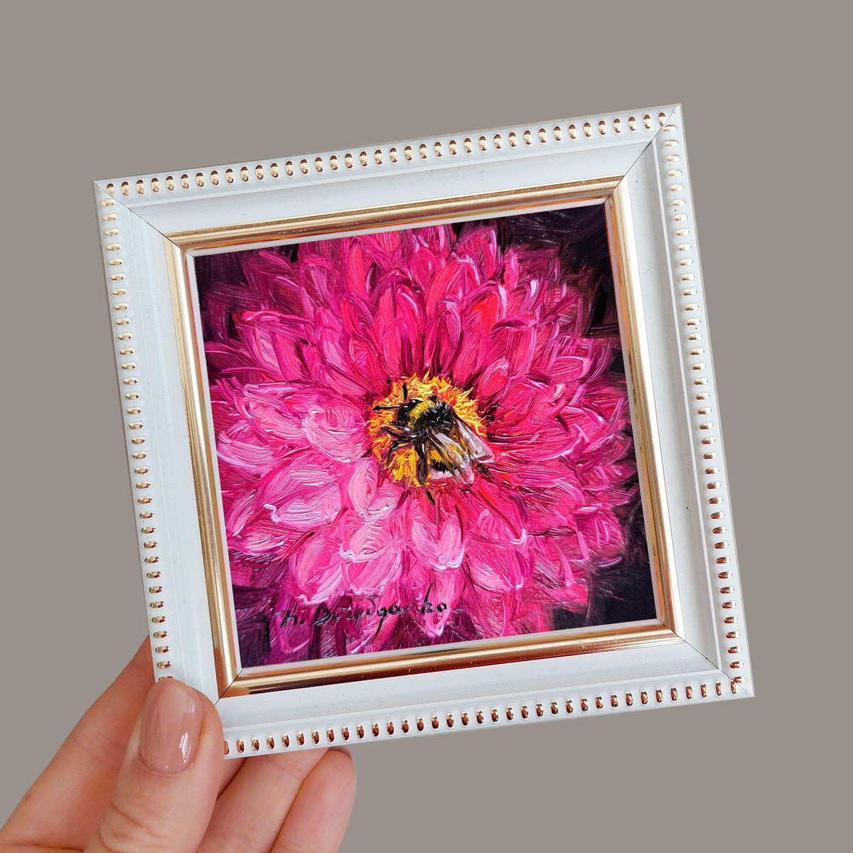 Bee on Dahlia flower Oil Painting Original 4x4 inch