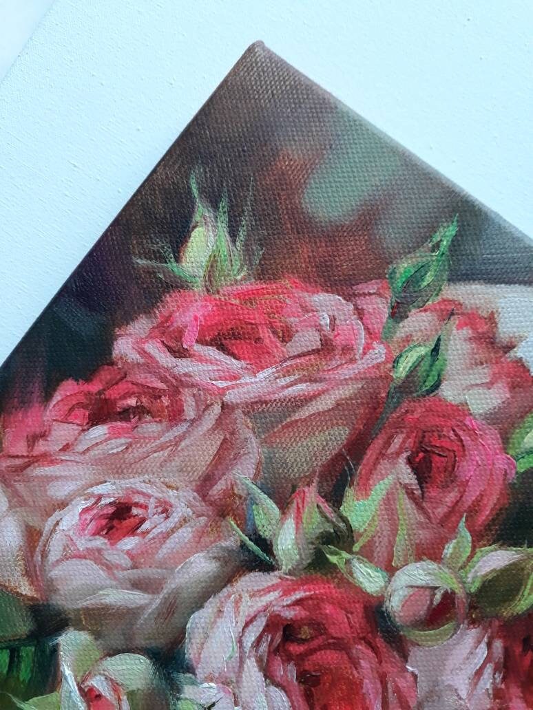 Roses painting flowers original art, Red flowers bouquet oil painting for girlfriend floral art on canvas
