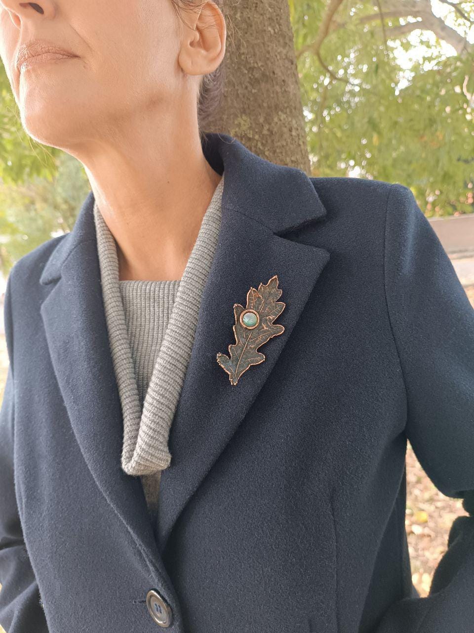 Brooch Electroformed Copper Leaf oak leaf with pearl inlay, Autumn Handmade jewelry, Gift for grandmother jewelry botanical pattern