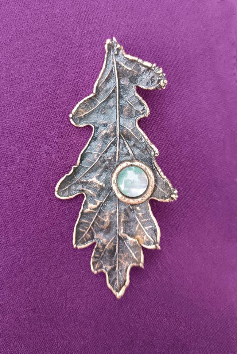 Brooch Electroformed Copper Leaf oak leaf with pearl inlay, Autumn Handmade jewelry, Gift for grandmother jewelry botanical pattern