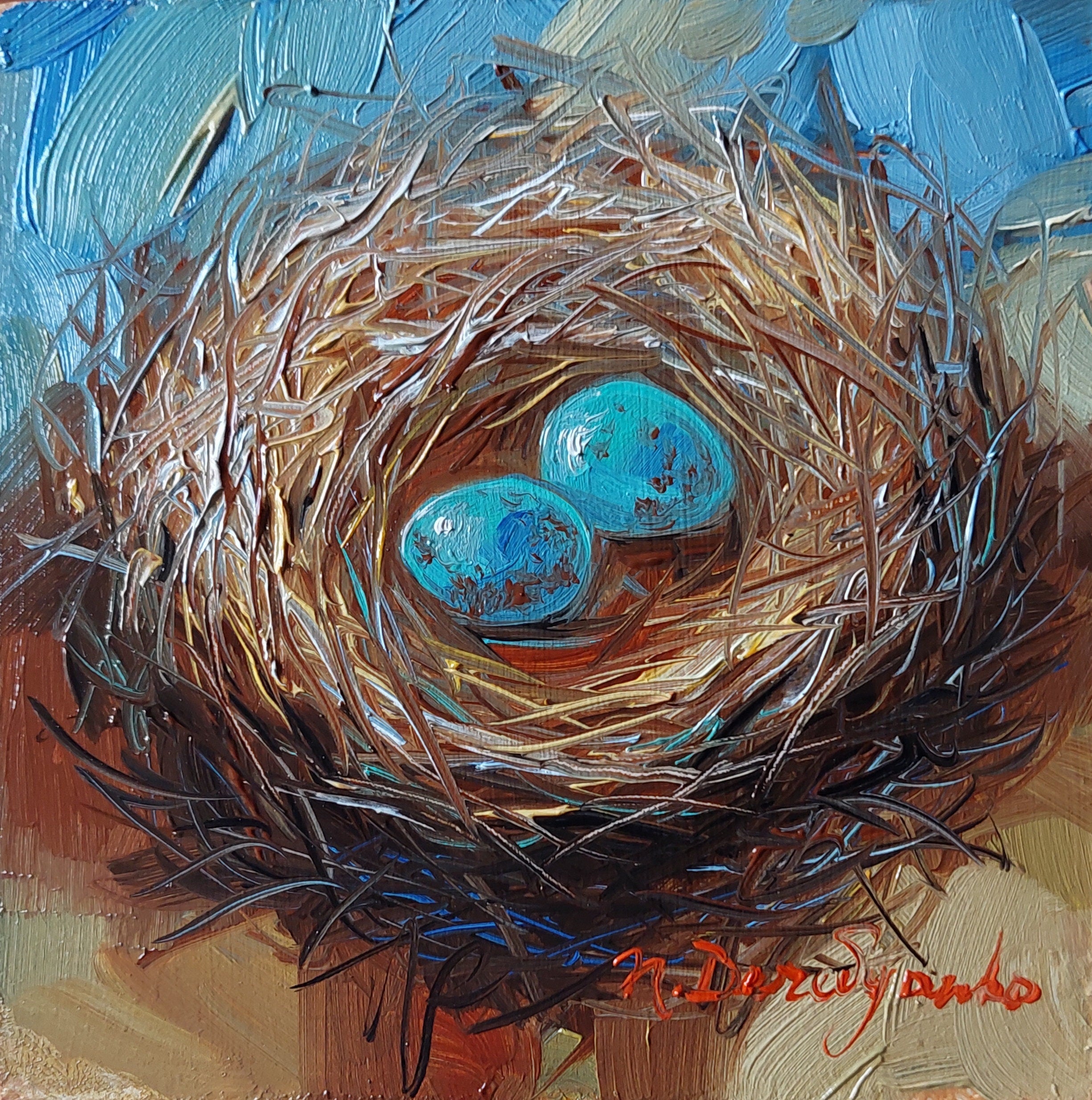 Nest oil painting original 4x4 in frame, Two blu bird egg miniature oil painting wall art framed, Small framed art Mom day gift