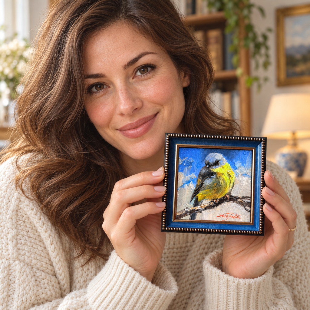 Original Art Estern Yellow Robin Bird Painting 4x4 in