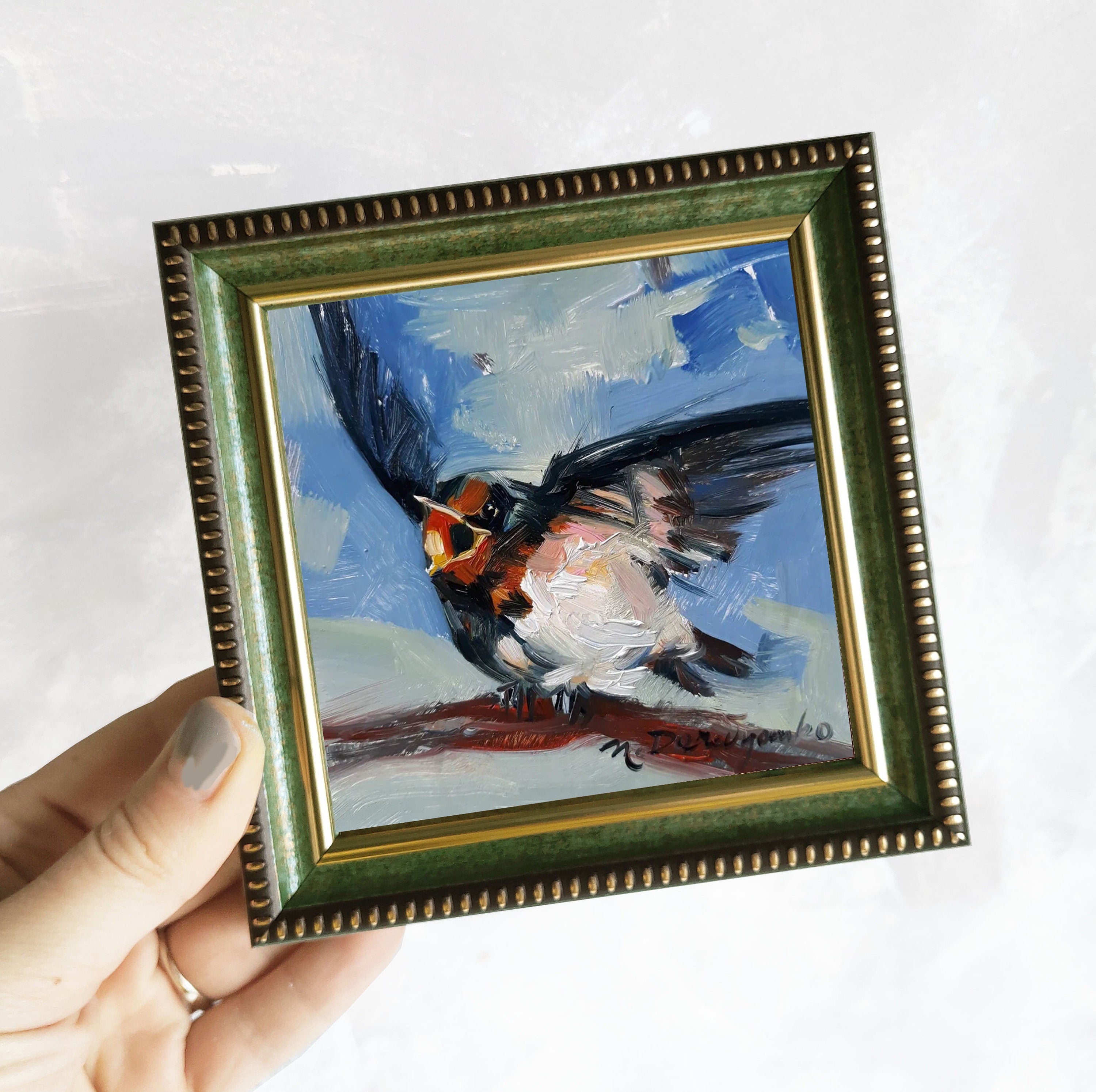 Swallow bird art painting 4x4 in frame, Cheeper picture framed, Yellow blind hand painted artwork for nursery
