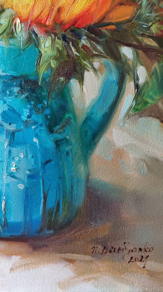 Large floral paintings on canvas original, Sunflowers in turquoise vase oil painting, Yellow flowers wall art decor Easter gift