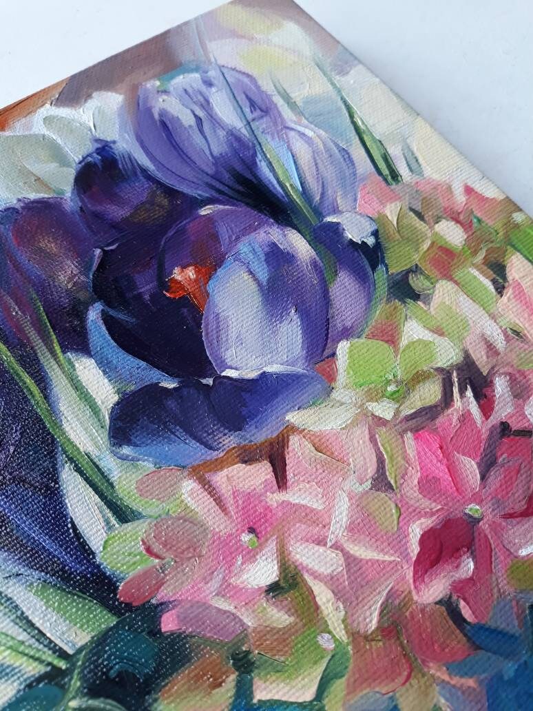 Purple flower painting original oil art, Floral oil painting vintage Hydrangea art Crocus, Impressionist paintings on canvas