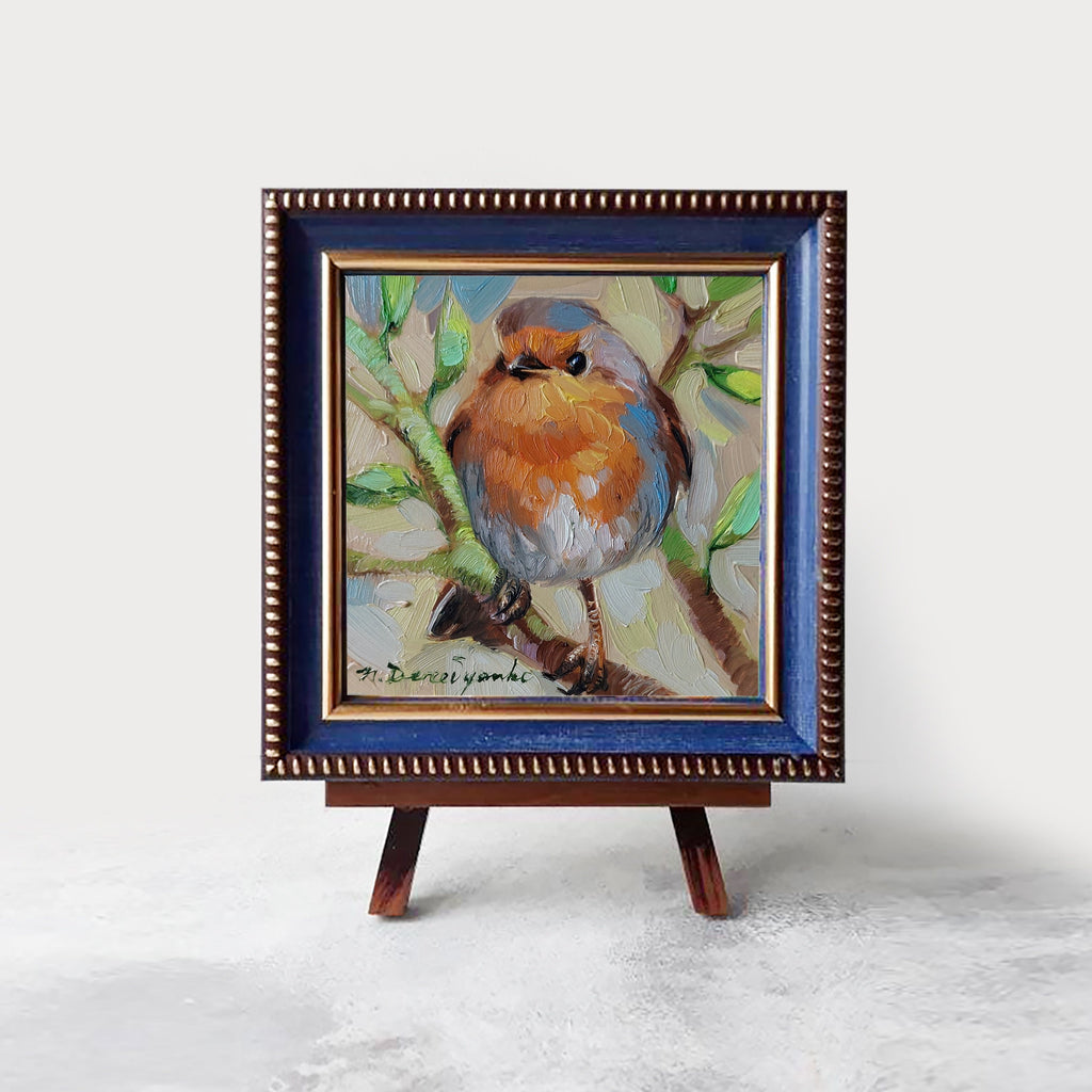 Robin bird on brunch pittura ad olio originale, Piccolo uccello dipinto incorniciato 4x4, Piccola cornice arte