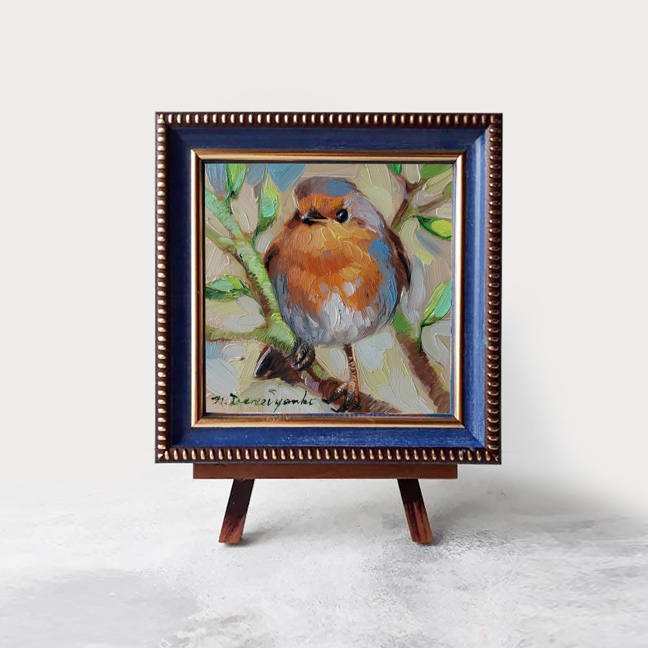 Robin bird on brunch pittura ad olio originale, Piccolo uccello dipinto incorniciato 4x4, Piccola cornice arte
