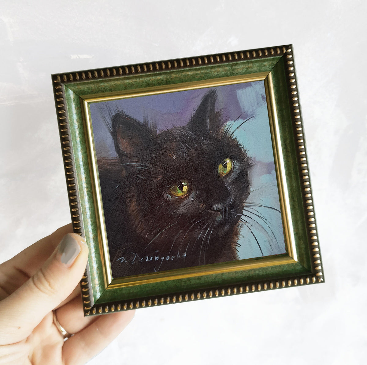 Black cat art painting 4x4 in frame