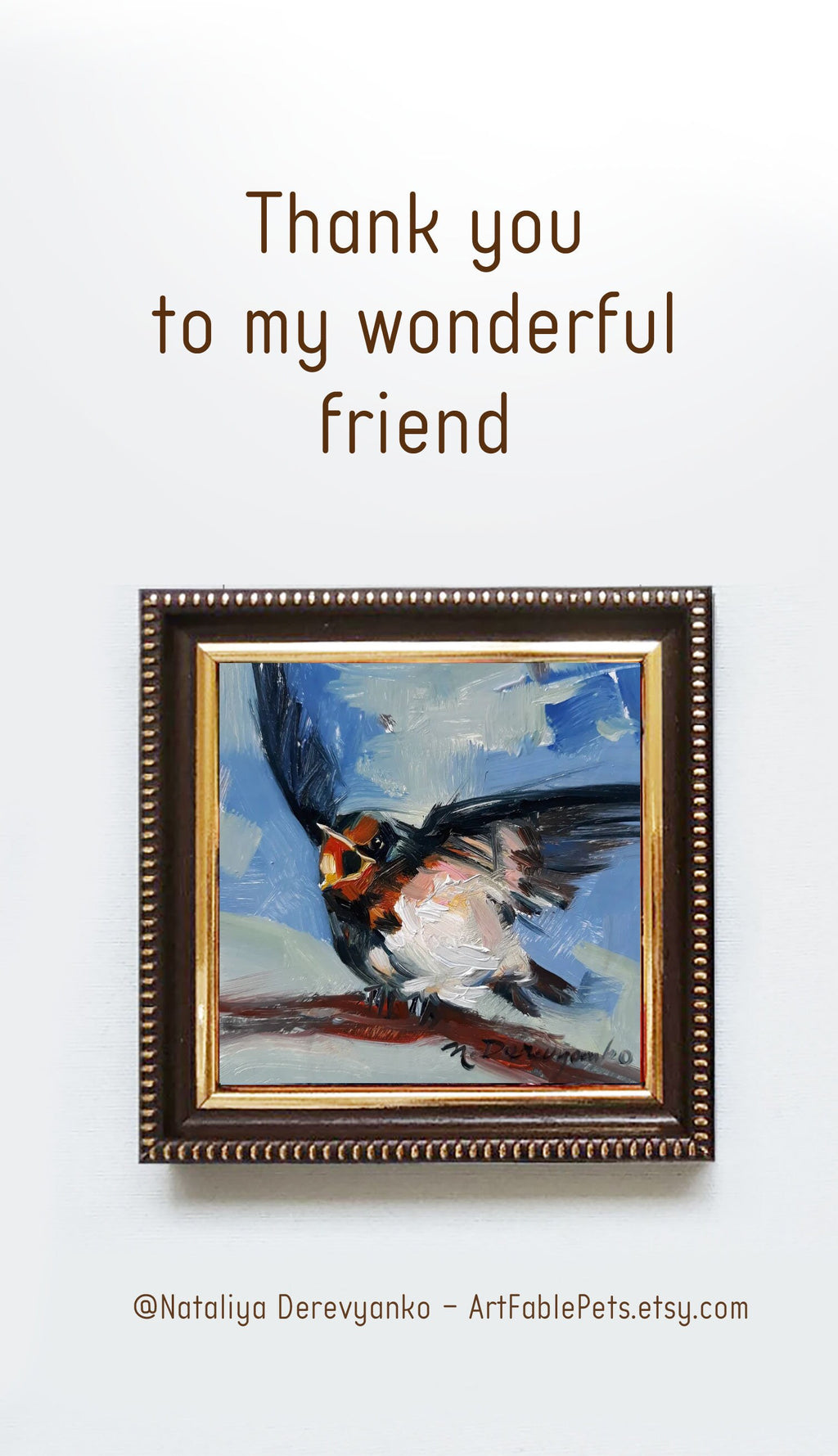 Swallow bird art painting 4x4 in frame, Cheeper picture framed, Yellow blind hand painted artwork for nursery