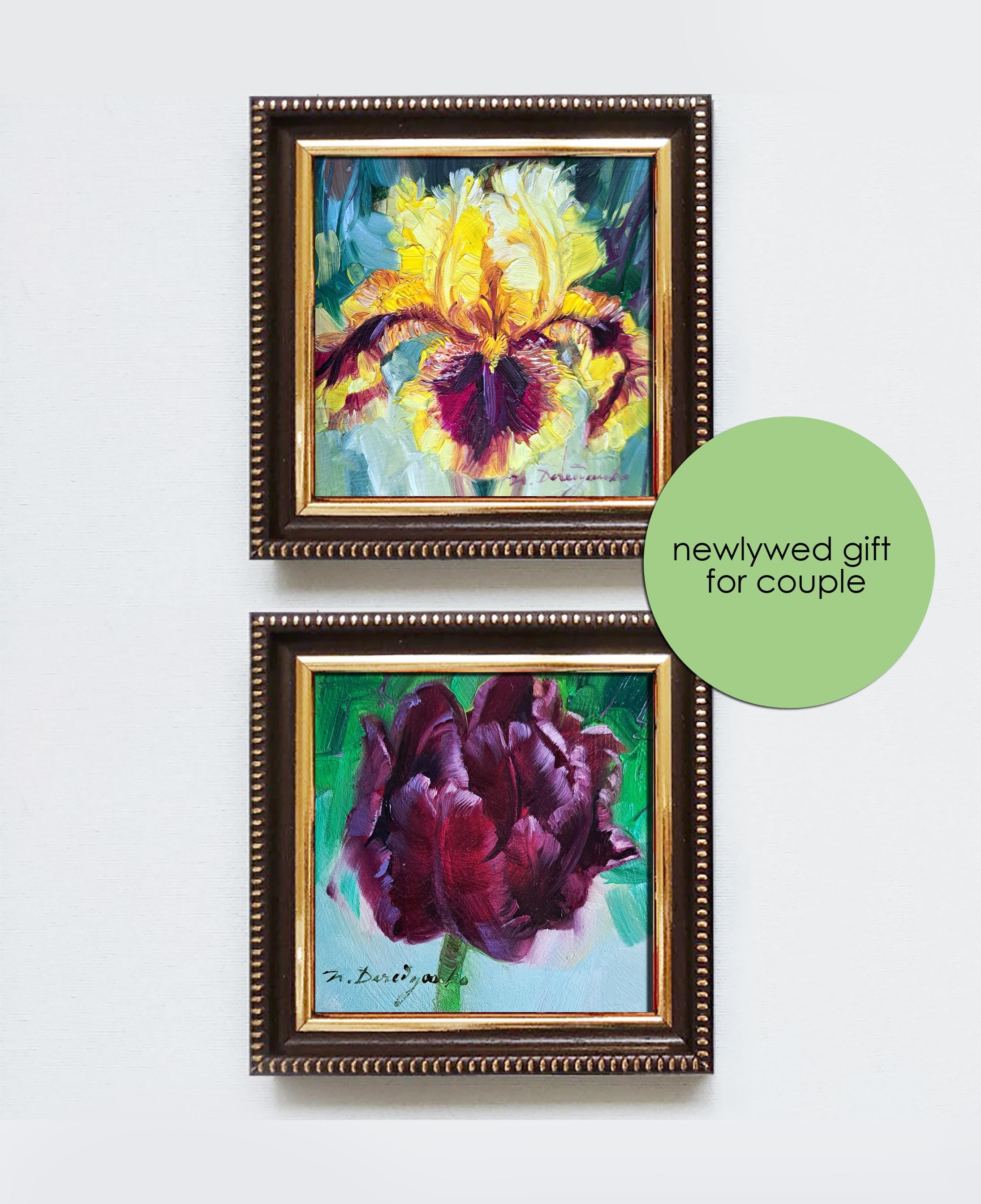 Iris yellow flower oil paintings original 4x4, Birthflower gift miniature Unique purple Small framed flower art newlywed gift decor