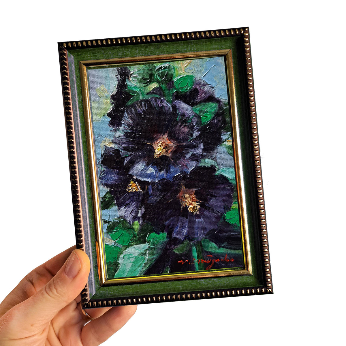 Black Hollyhock flowers oil paintings miniature original 4x6 inch