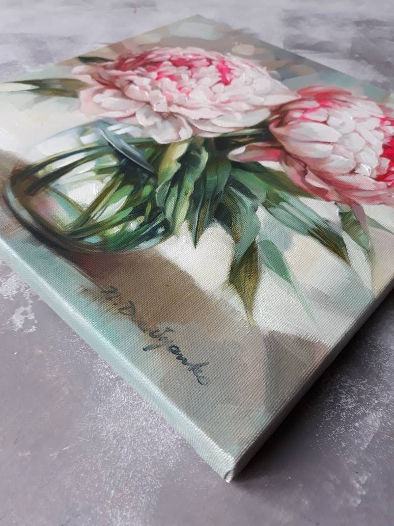 Peony oil painting arte originale su tela, pittura a olio di fiori di due peonie, regalo di San Valentino per coppia, fiori wall art
