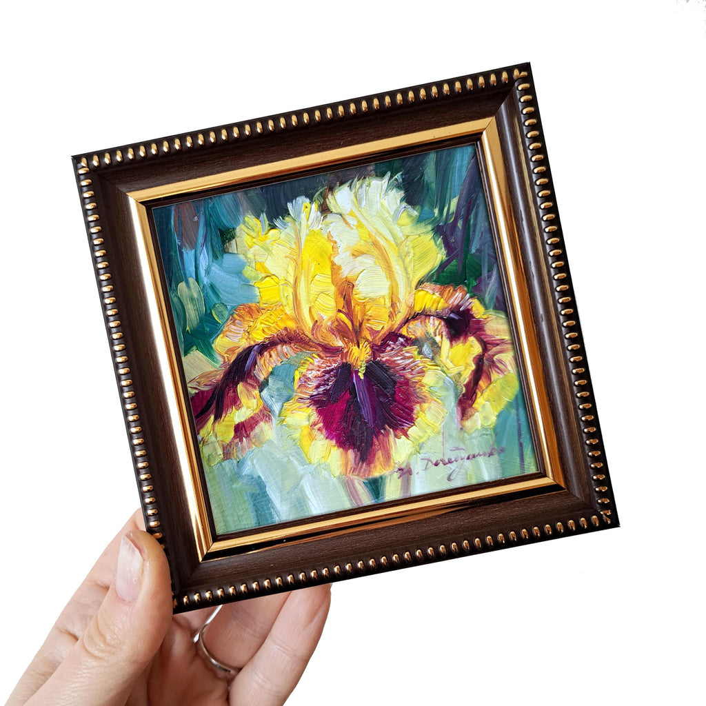Iris yellow flower oil paintings original 4x4, Birthflower gift miniature Unique purple Small framed flower art newlywed gift decor