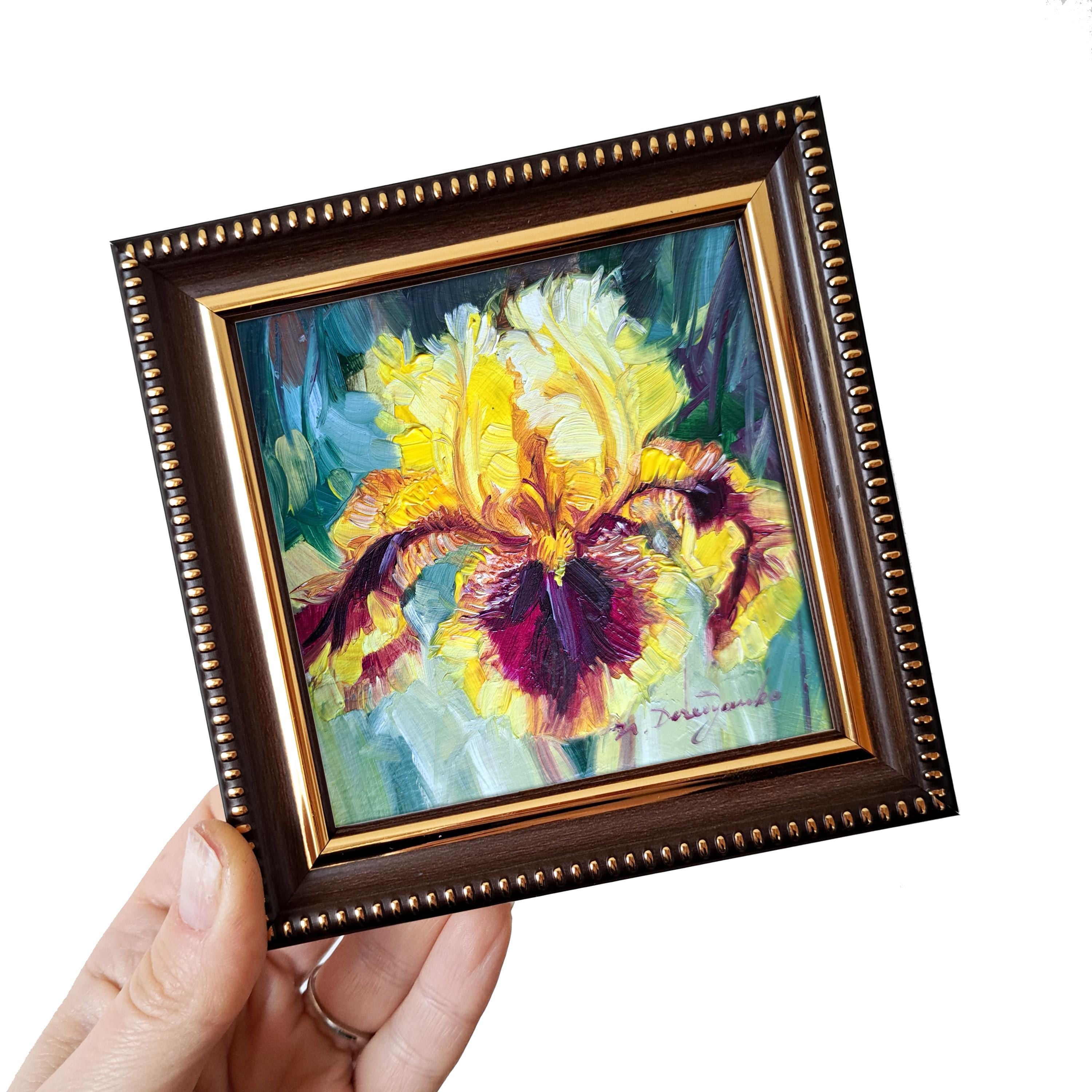 Iris yellow flower oil paintings original 4x4, Birthflower gift miniature Unique purple Small framed flower art newlywed gift decor