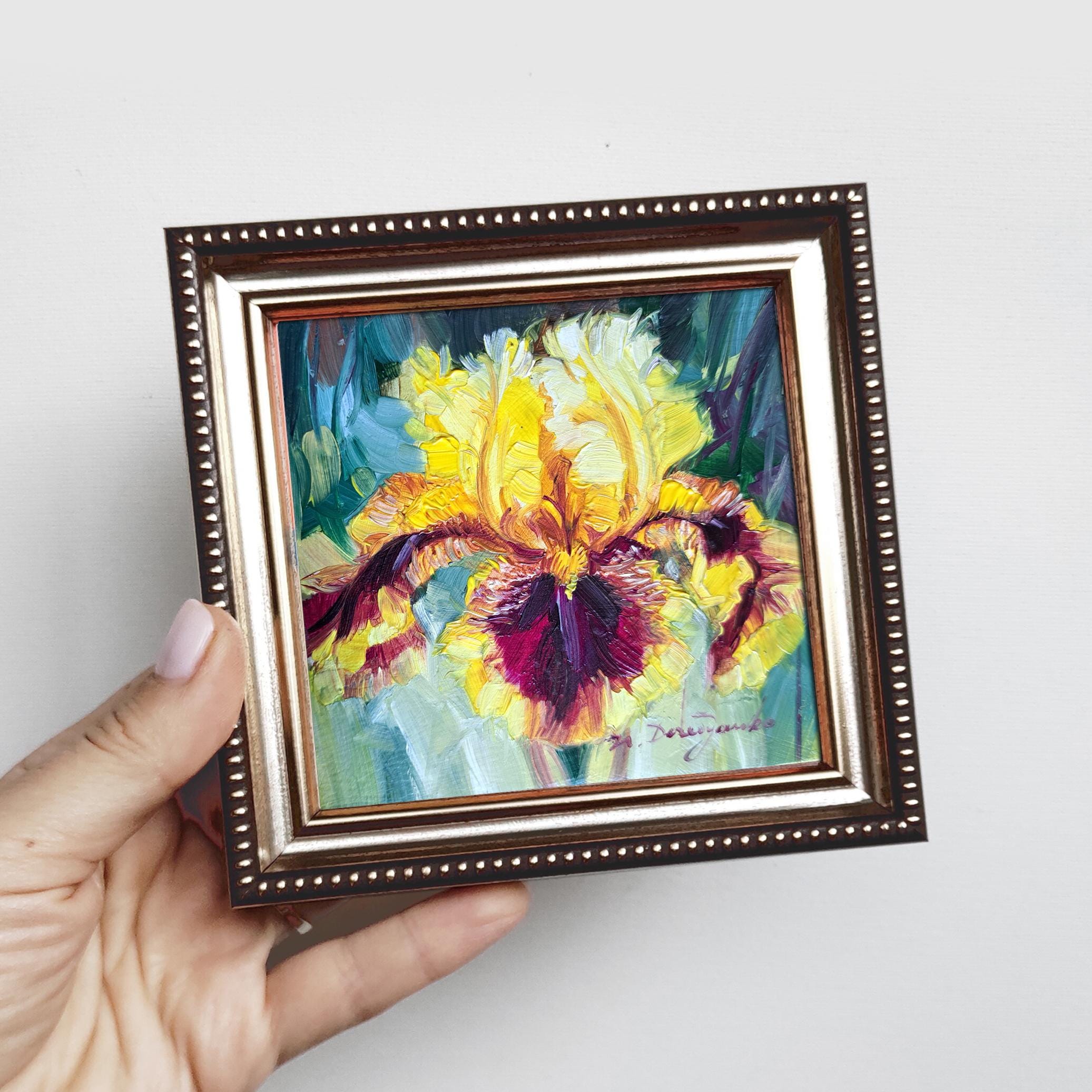 Iris yellow flower oil paintings original 4x4, Birthflower gift miniature Unique purple Small framed flower art newlywed gift decor
