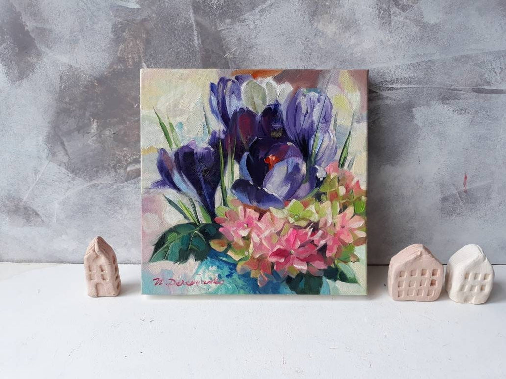 Purple flower painting original oil art, Floral oil painting vintage Hydrangea art Crocus, Impressionist paintings on canvas